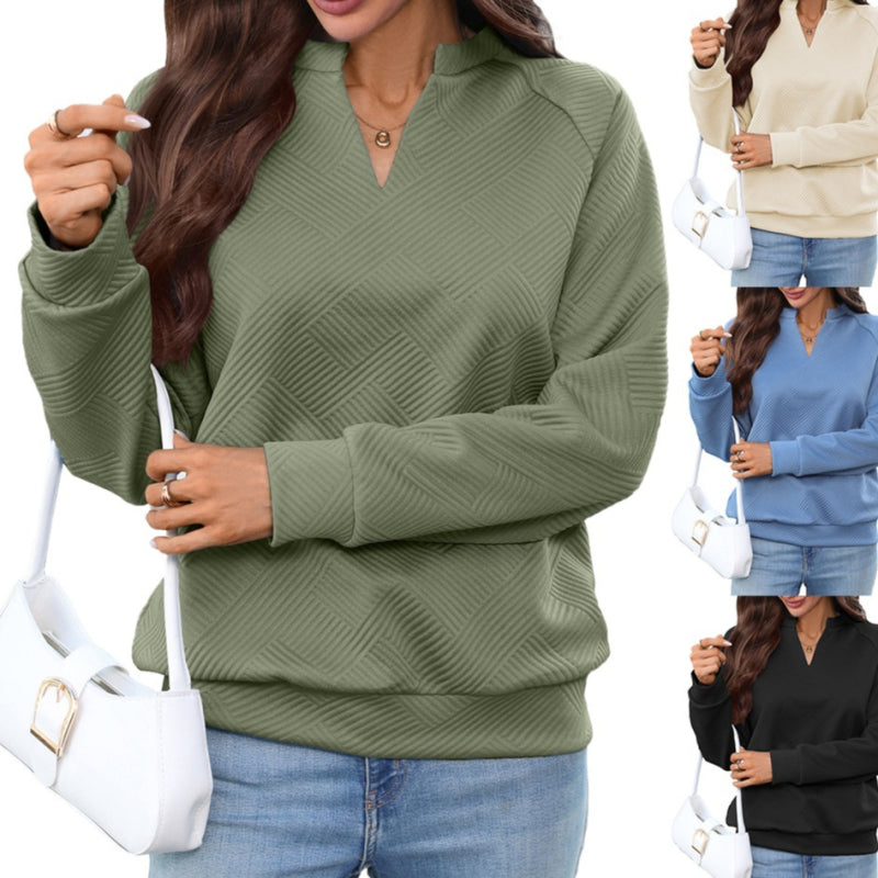 Solid-color V-neck Loose-fit Long-sleeve Plaid Top For Women