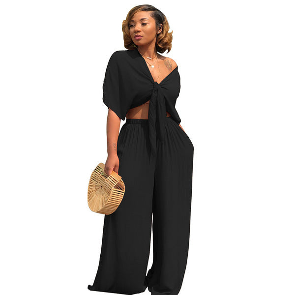 Deep-V Casual Wide-leg Pants Set For Women