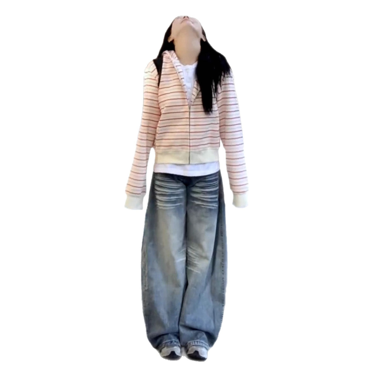 Powdery White Striped Cardigan Hoodie For Women