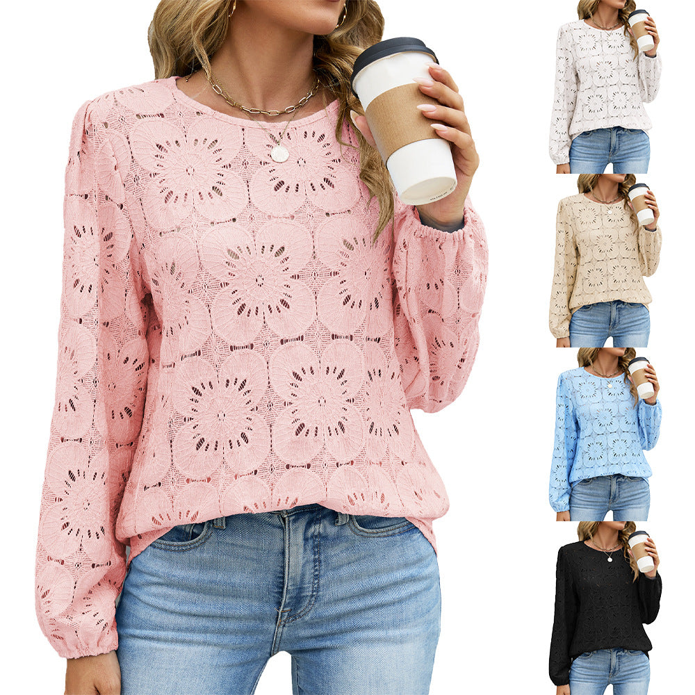 New Solid-color Crew-neck Lace-trimmed Long-sleeve Loose-fitting Hollow-out Top For Women