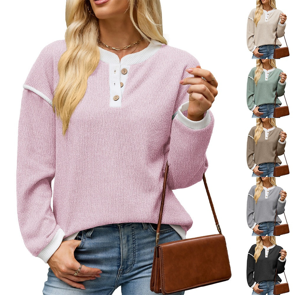 Color-block Crew-neck Button-up Loose-fit Long-sleeve T-shirt For Women