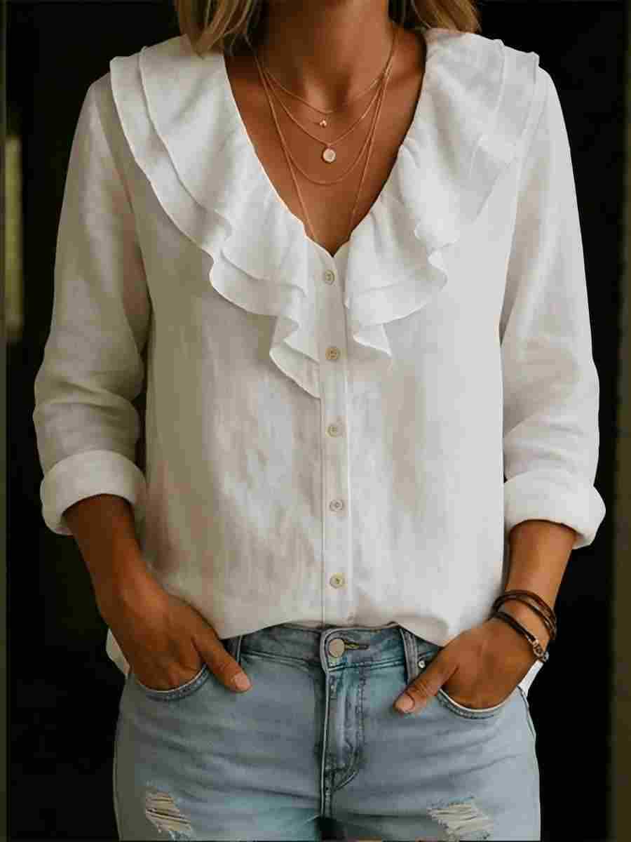 V-neck Ruffled Loose-fitting Long-sleeve Blouse For Women