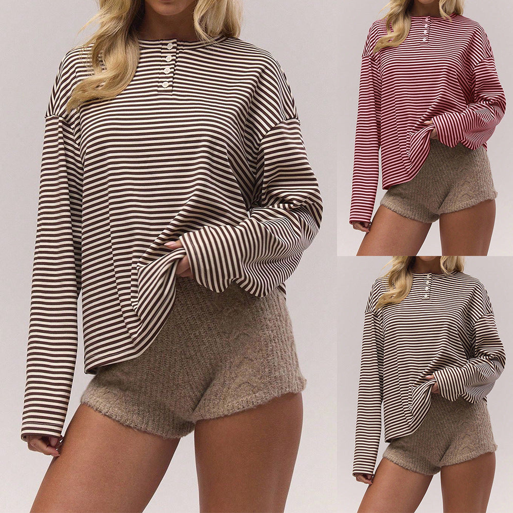 Striped Loose-Fit Long-Sleeve T-Shirt Casual Fashion Top For Women
