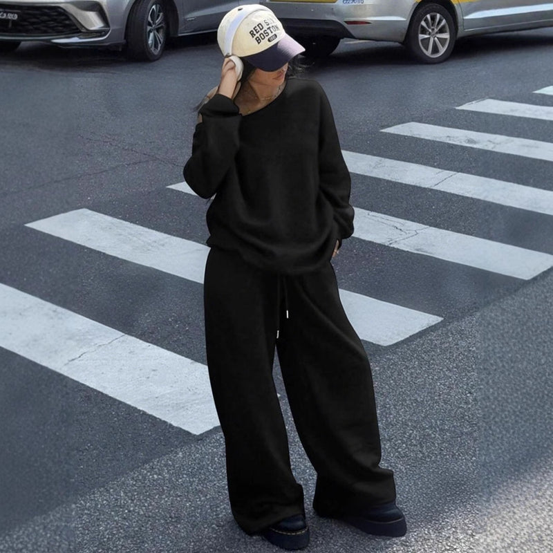 Casual Sports Style Round Neck Loose Hoodie And Casual Pants Set For Women