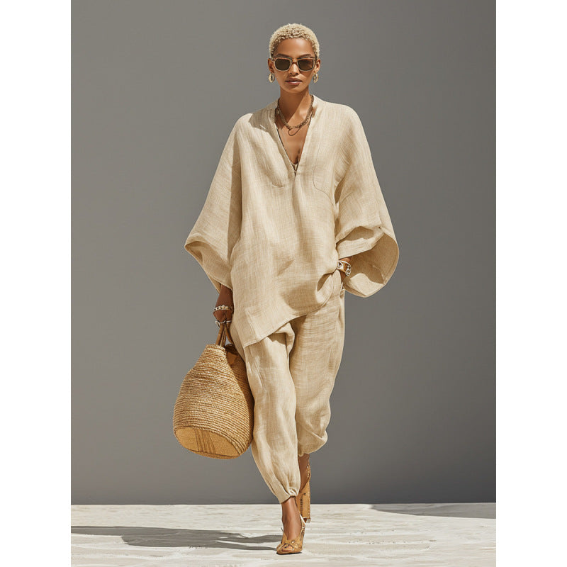 Women Casual Lazy Loose Solid Color Shirt Set