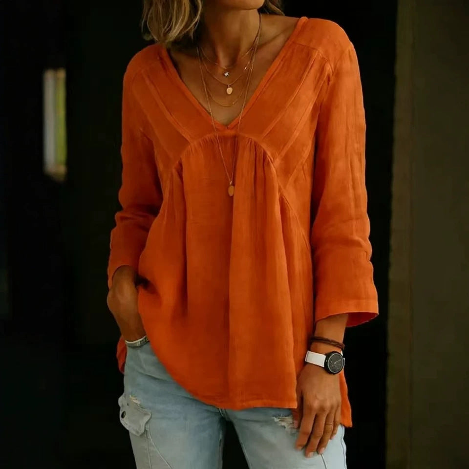 Solid-color Casual Loose-fitting Long-sleeve Top For Women
