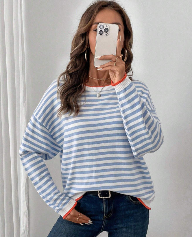 Striped Crewneck Long-sleeve T-shirt Loose-fit Top That Flatters The For Women