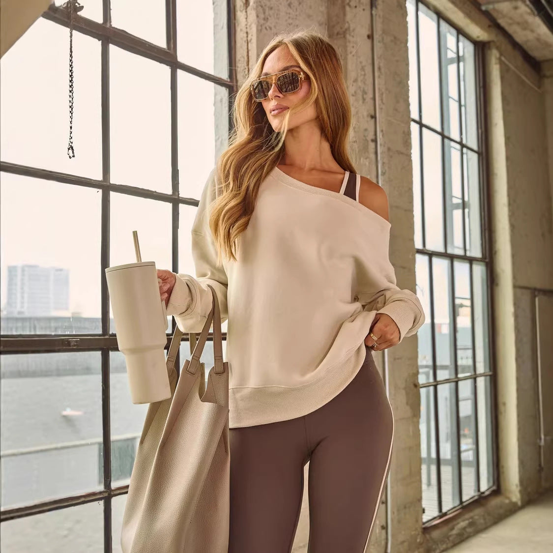 Big Round Neck Off-Shoulder Loose Sweatshirt Long-Sleeve Pullover Top For Women