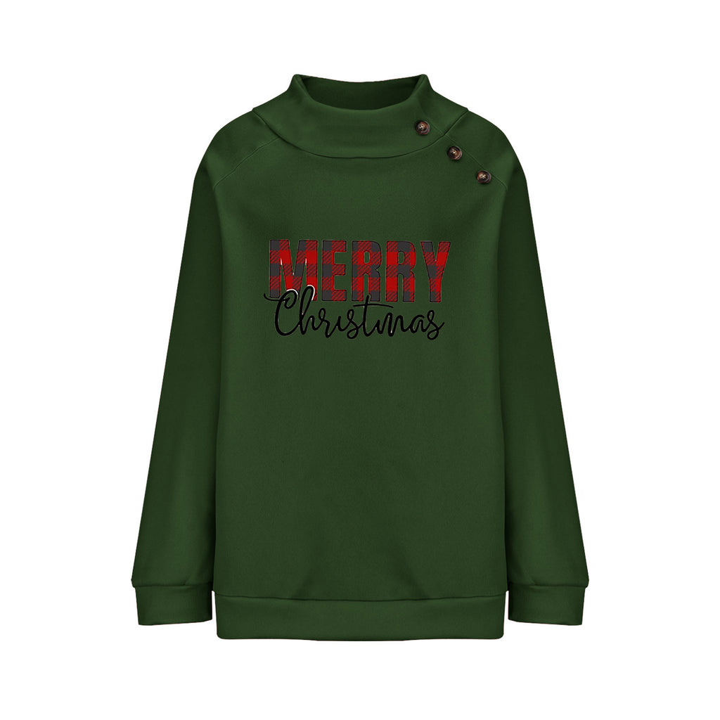 Printed Turtleneck Christmas Letter Loose Sweatshirt Women