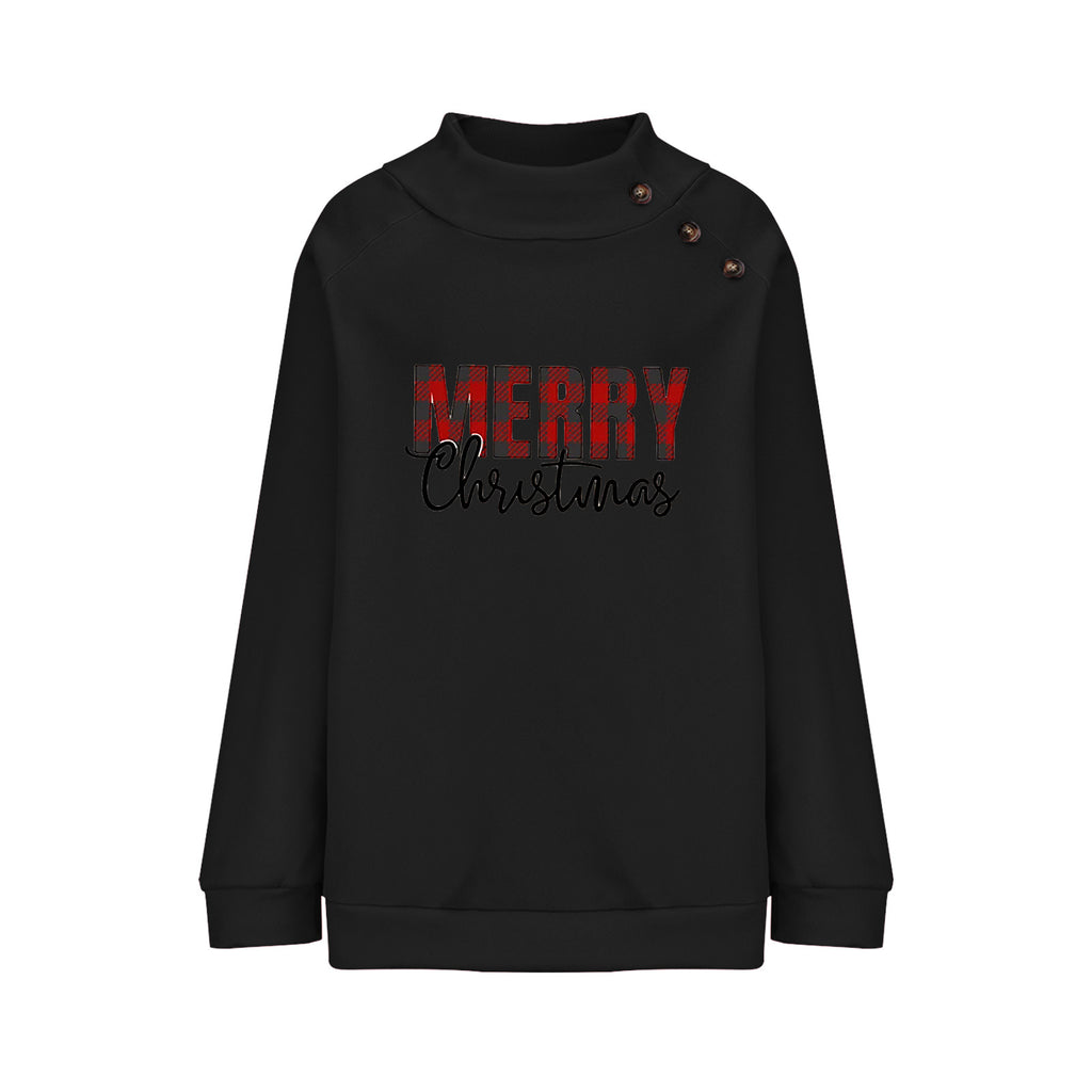 Printed Turtleneck Christmas Letter Loose Sweatshirt Women