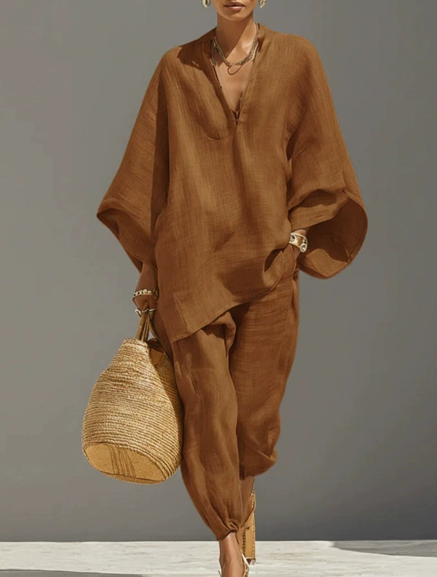 Women Casual Lazy Loose Solid Color Shirt Set