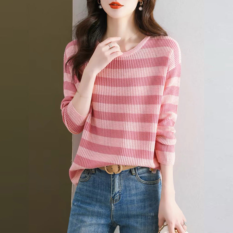 Striped Long Sleeve Women Loose Western Style Inner Wear Blouse