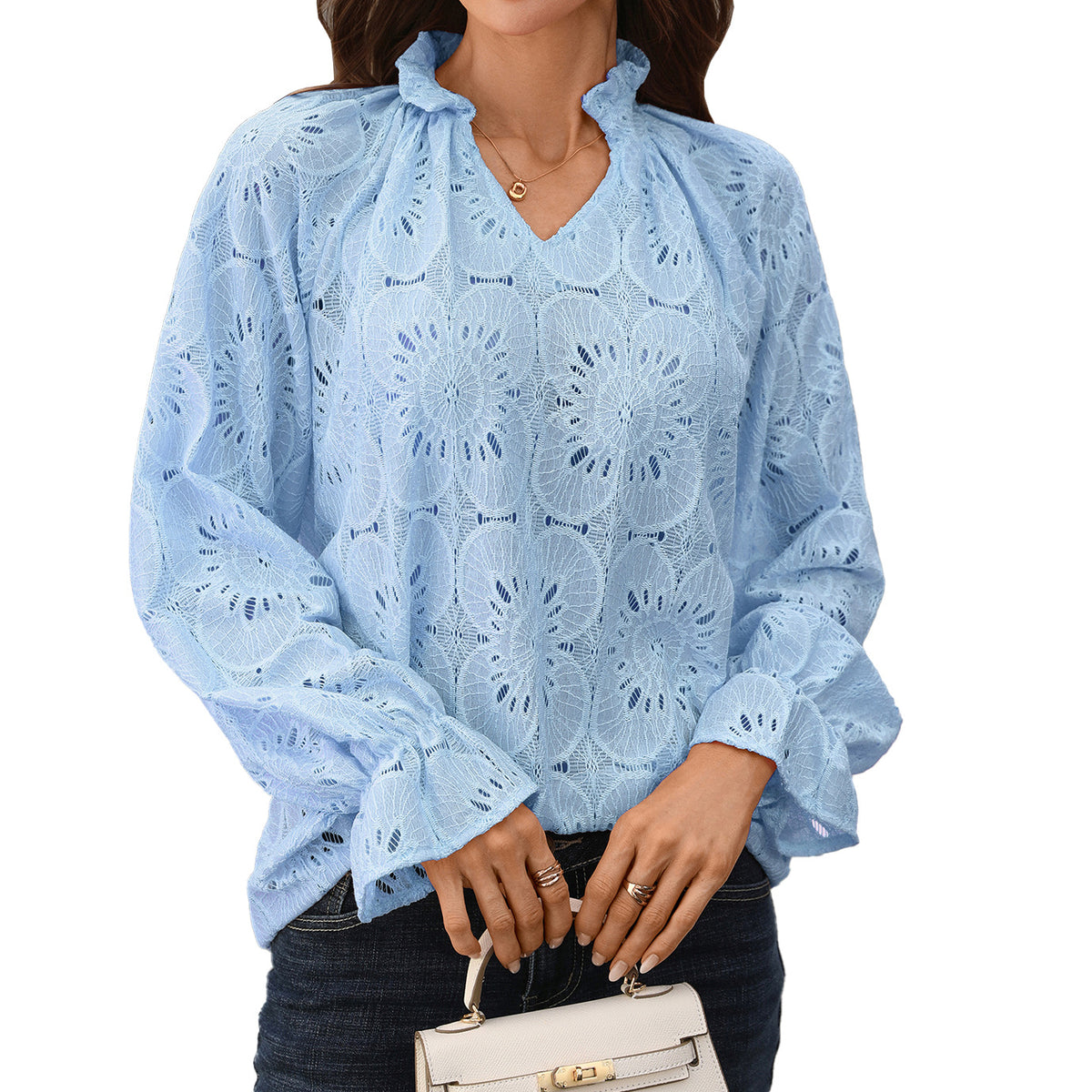 Solid-color V-neck Loose-fit Casual Long-sleeve Lace Top For Women