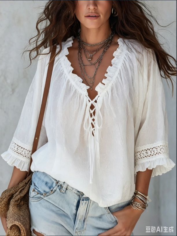 European And American Cross-Border Versatile V-Neck Pleated Elegant Loose Solid Color Long-Sleeve Shirt For Women, Direct From The