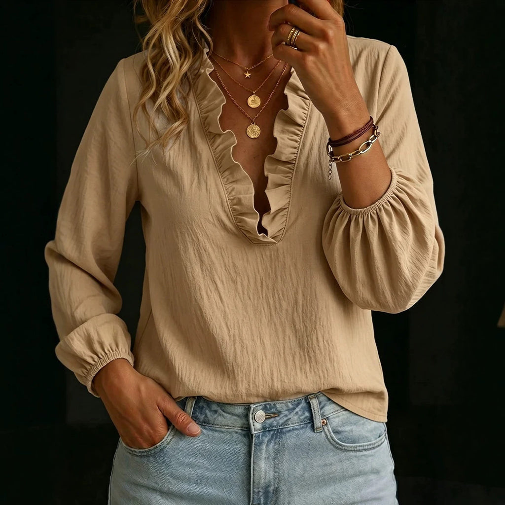 Long-sleeve Ruffled Blouse Loose-fit Fashionable And Casual For Women