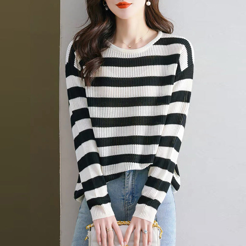 Striped Long Sleeve Women Loose Western Style Inner Wear Blouse