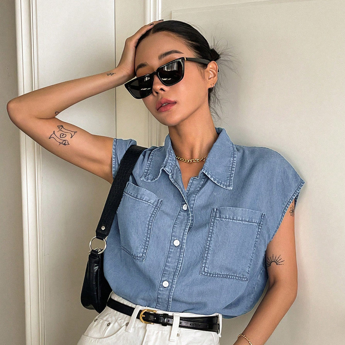 Pocket Denim Loose Top Casual Women