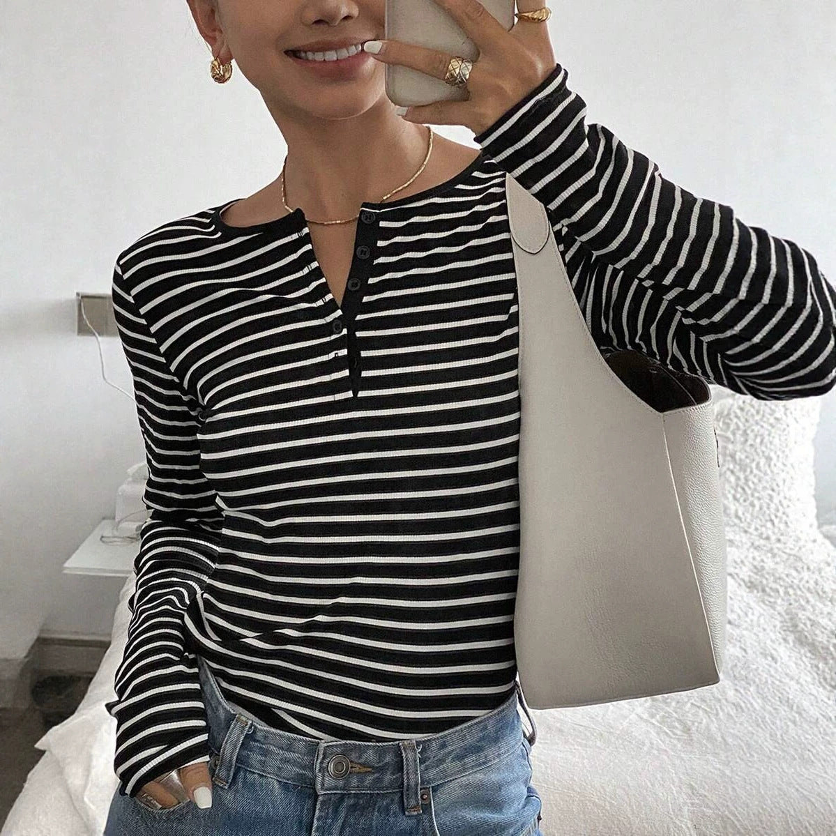 Striped Loose-Fit Long-Sleeve T-Shirt Casual Fashion Top For Women