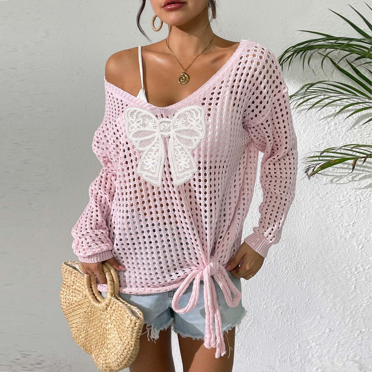 Women Loose Lazy Style Hollow Knit Pullover Top, Long Sleeve Butterfly Patchwork Tie Detail Sheer Cover Up Sweater