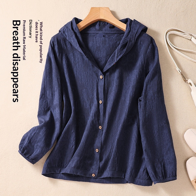Cotton-Linen Plus-Size Loose-Fit Shirt Hooded Cardigan Long-Sleeve Top For Women
