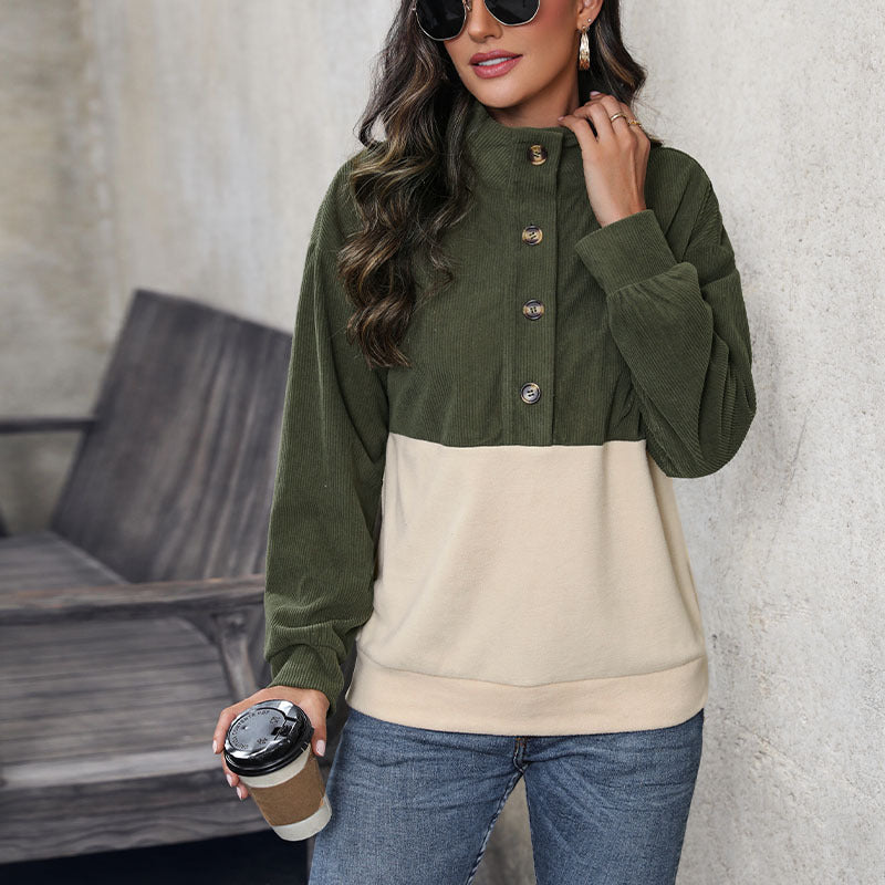 Brushed Corduroy Contrast Color Sweatshirt Women