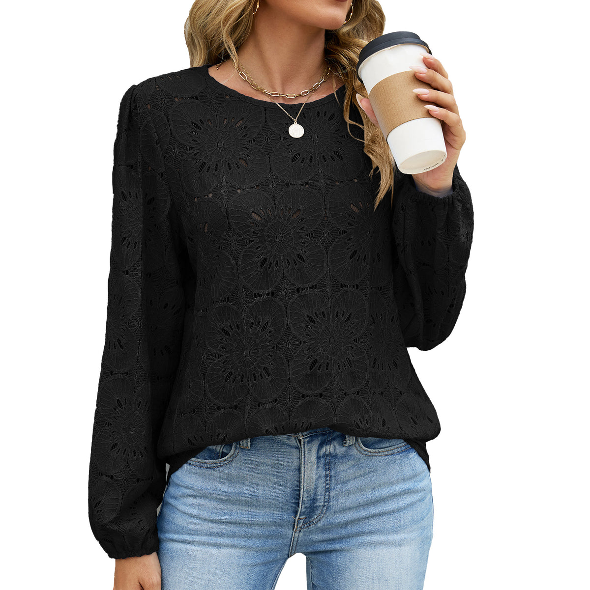 New Solid-color Crew-neck Lace-trimmed Long-sleeve Loose-fitting Hollow-out Top For Women