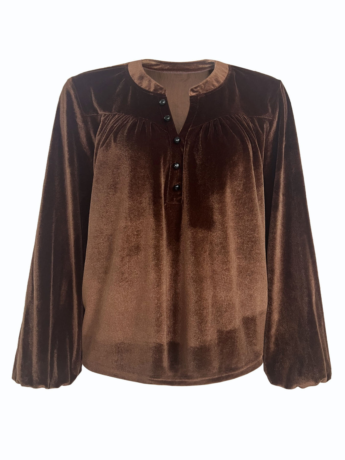 Women Velvet Long Sleeve Blouse,V Neck Henley Button Pleated Loose Casual Shirt, Solid Color Lantern Sleeve Tops