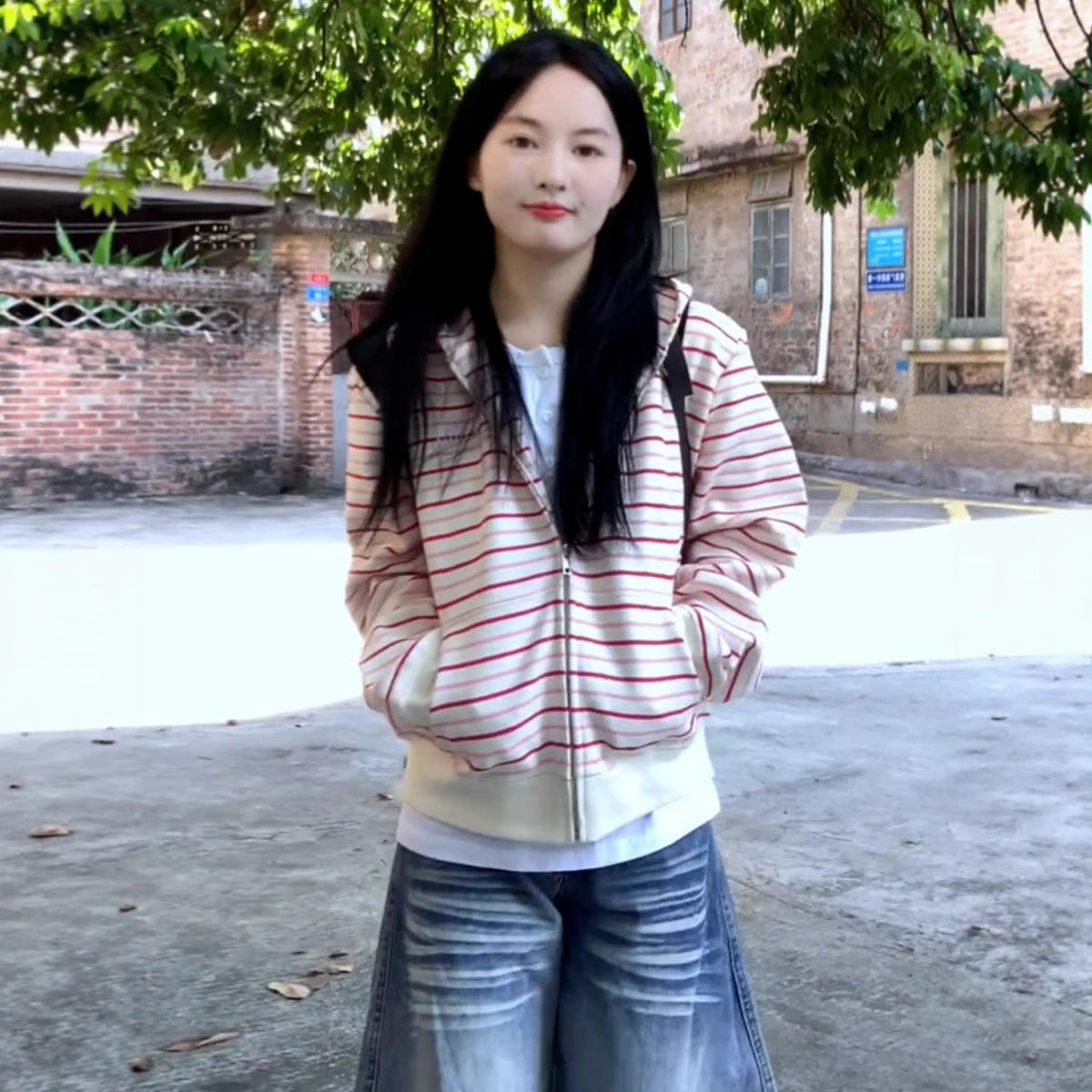 Powdery White Striped Cardigan Hoodie For Women