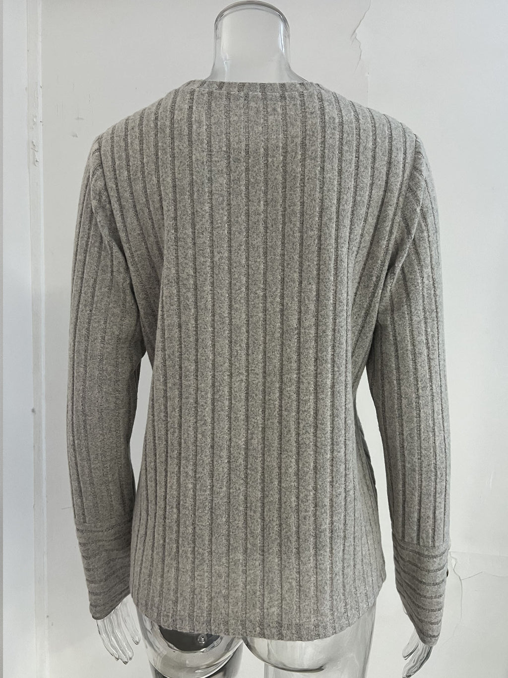 Women Ribbed Knit Long Sleeve Top Crew Neck Blouse With Decorative Buttons On Cuffs Casual Loose Shirts