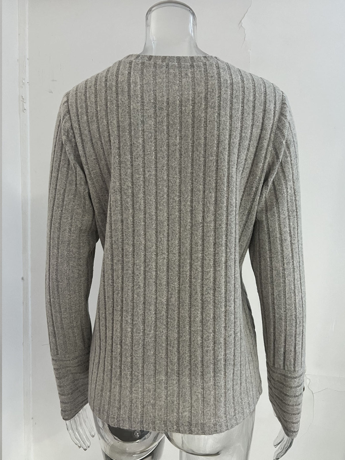 Women Ribbed Knit Long Sleeve Top Crew Neck Blouse With Decorative Buttons On Cuffs Casual Loose Shirts