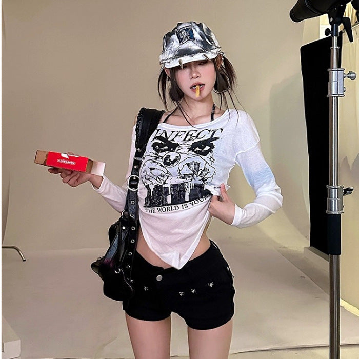 Fashionable Loose-fit Retro Long-sleeve T-shirt Top For Women