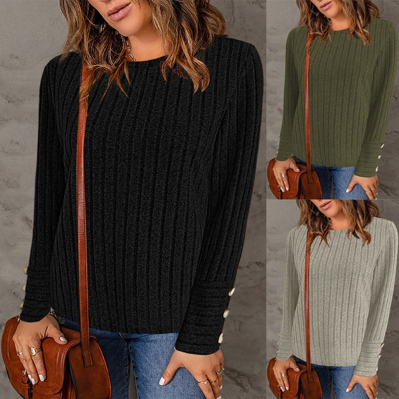 Women Ribbed Knit Long Sleeve Top Crew Neck Blouse With Decorative Buttons On Cuffs Casual Loose Shirts