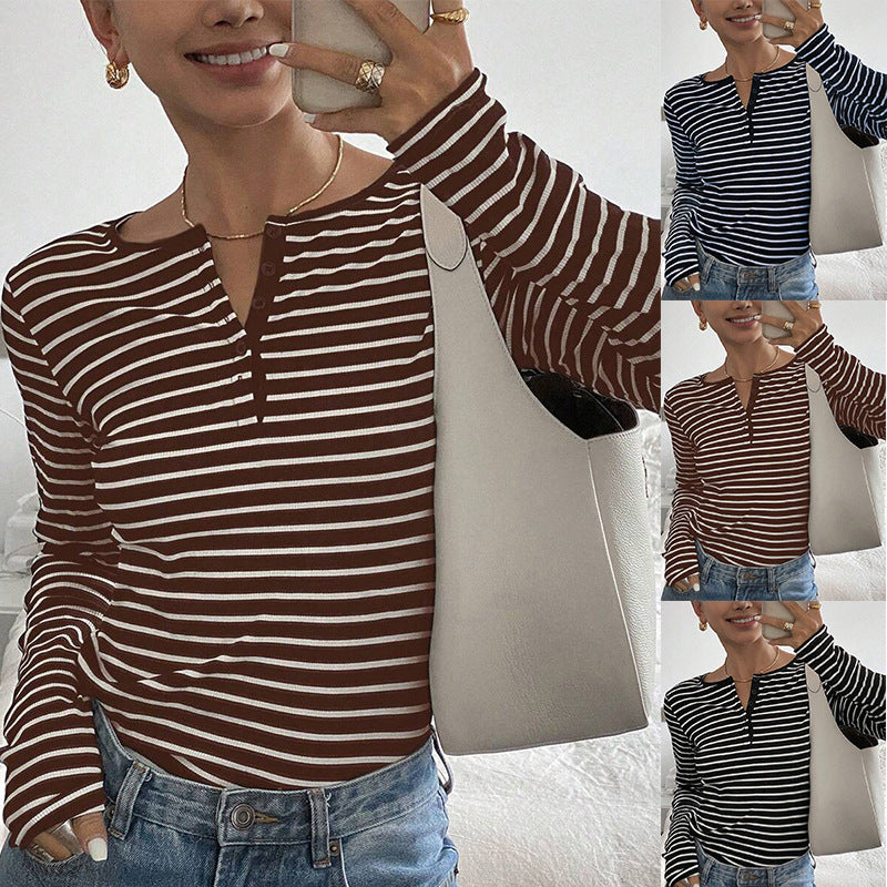 Striped Loose-Fit Long-Sleeve T-Shirt Casual Fashion Top For Women
