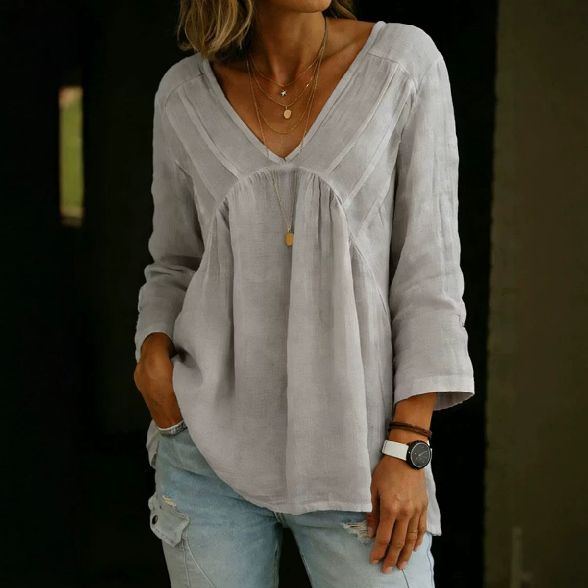 Solid-color Casual Loose-fitting Long-sleeve Top For Women
