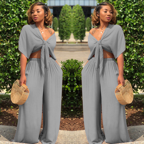 Deep-V Casual Wide-leg Pants Set For Women