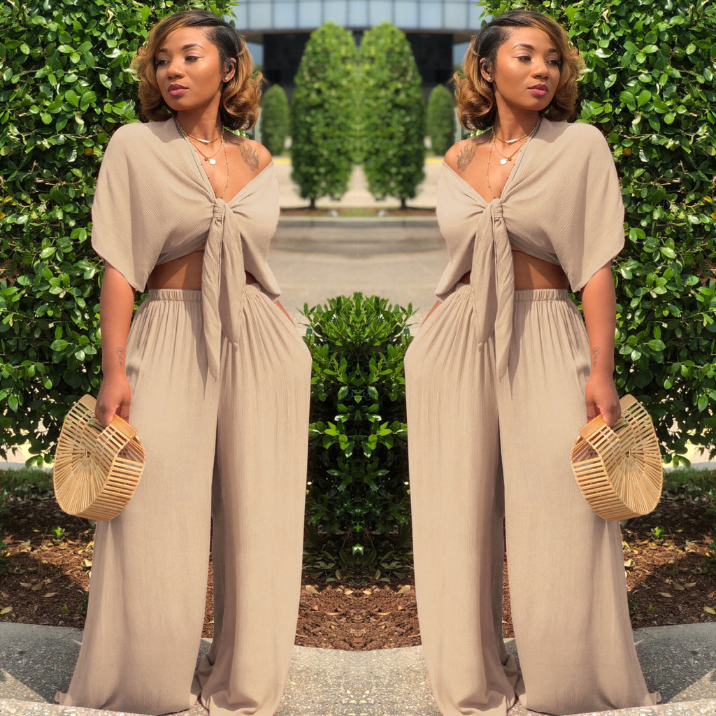 Deep-V Casual Wide-leg Pants Set For Women