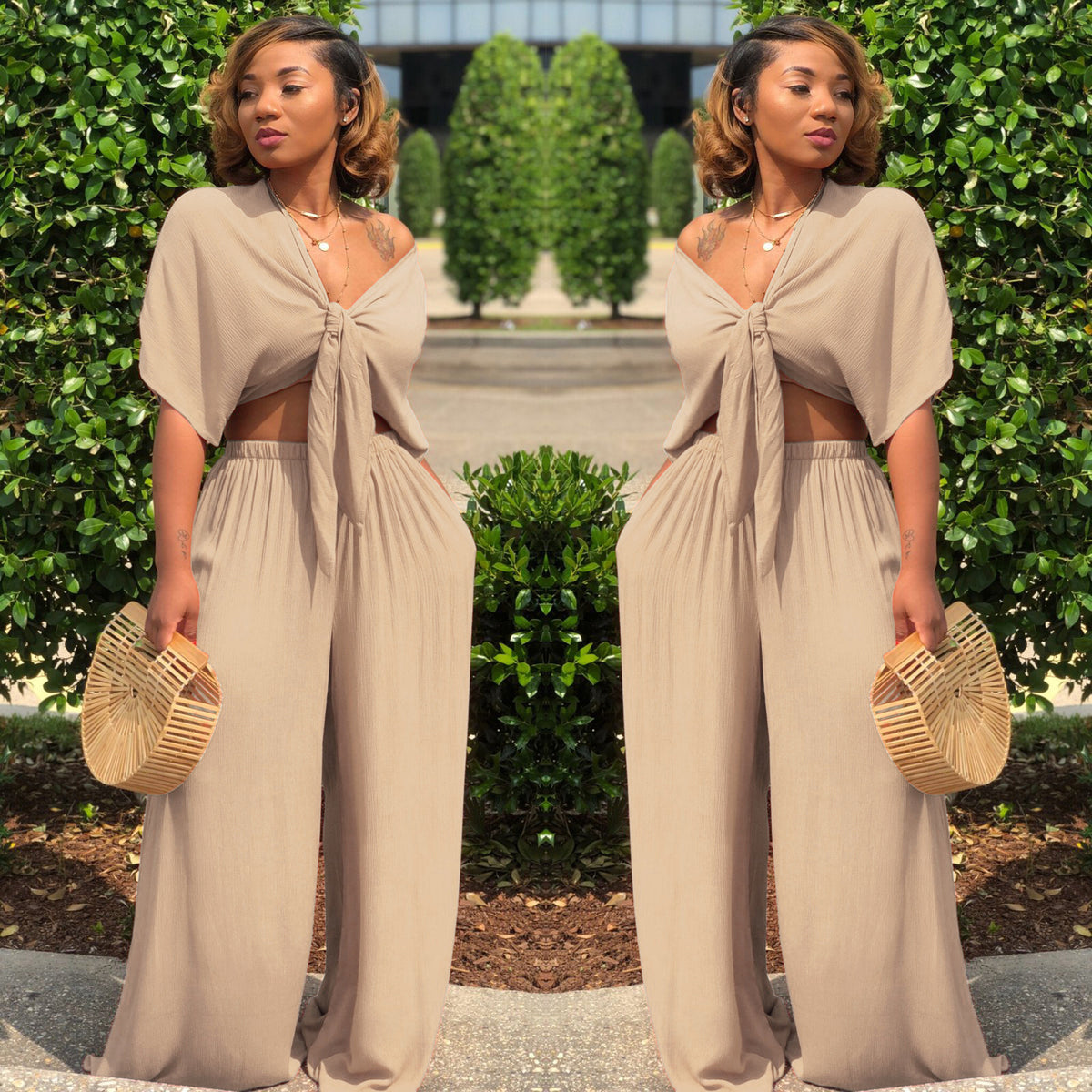 Deep-V Casual Wide-leg Pants Set For Women
