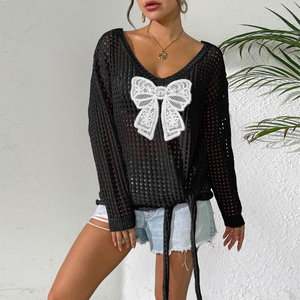 Women Loose Lazy Style Hollow Knit Pullover Top, Long Sleeve Butterfly Patchwork Tie Detail Sheer Cover Up Sweater
