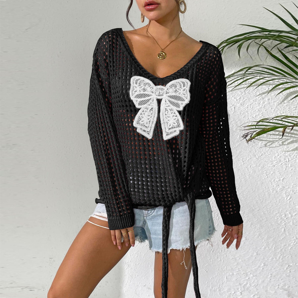 Women Loose Lazy Style Hollow Knit Pullover Top, Long Sleeve Butterfly Patchwork Tie Detail Sheer Cover Up Sweater