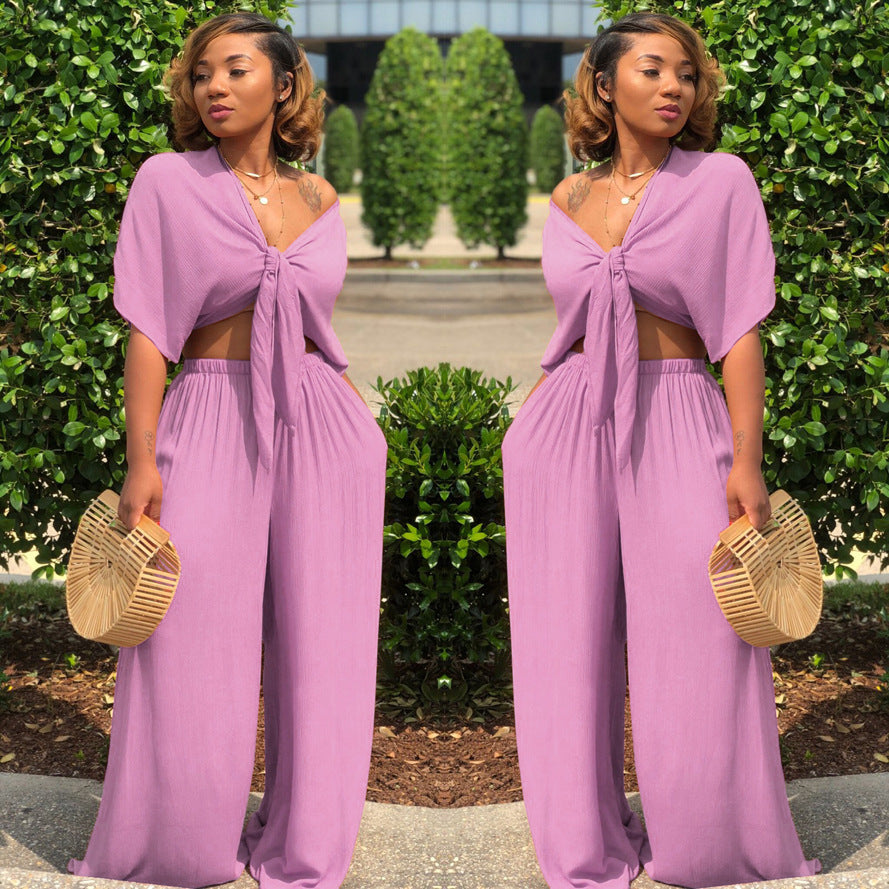 Deep-V Casual Wide-leg Pants Set For Women