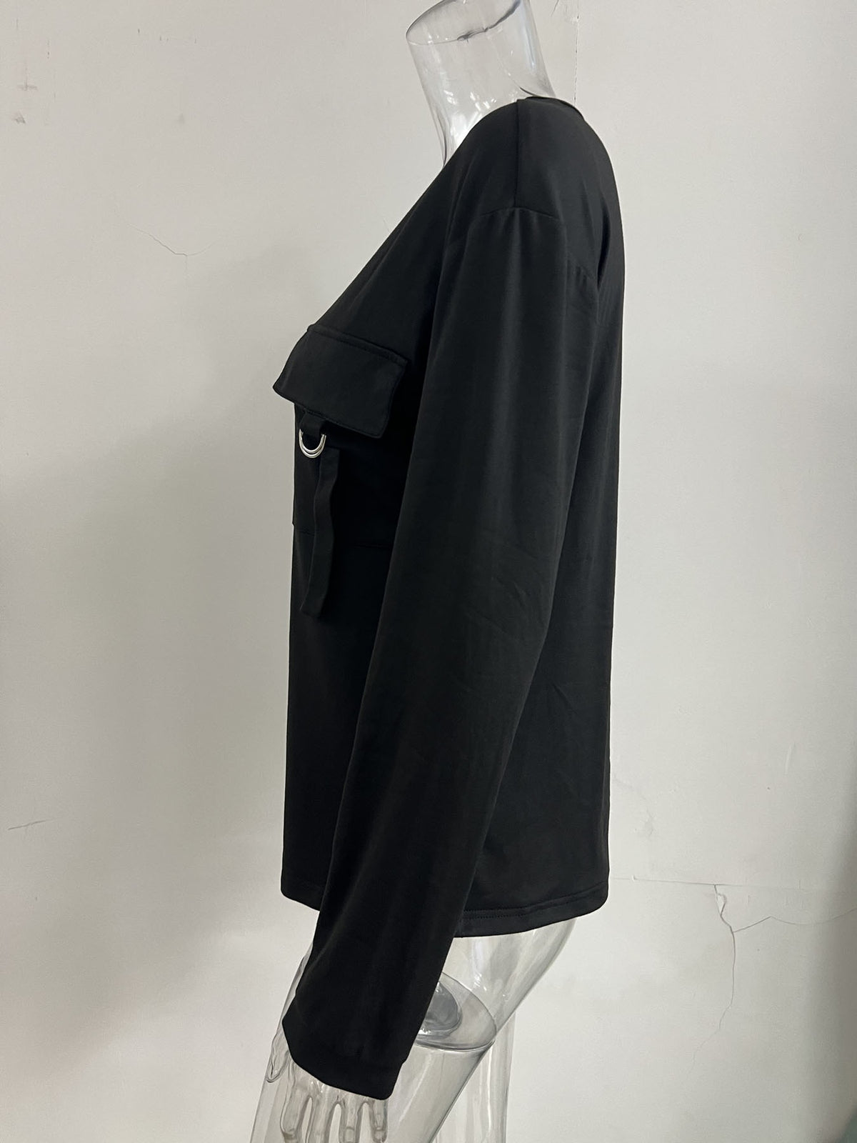 Women VNeck Long Sleeve Blouse Casual Loose Top With Decor Flap Pockets