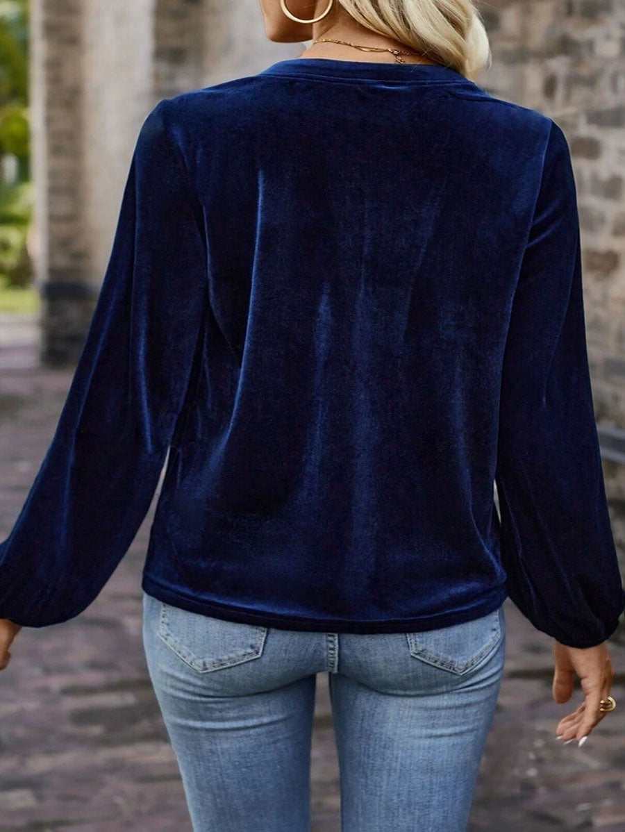 Women Velvet Long Sleeve Blouse,V Neck Henley Button Pleated Loose Casual Shirt, Solid Color Lantern Sleeve Tops