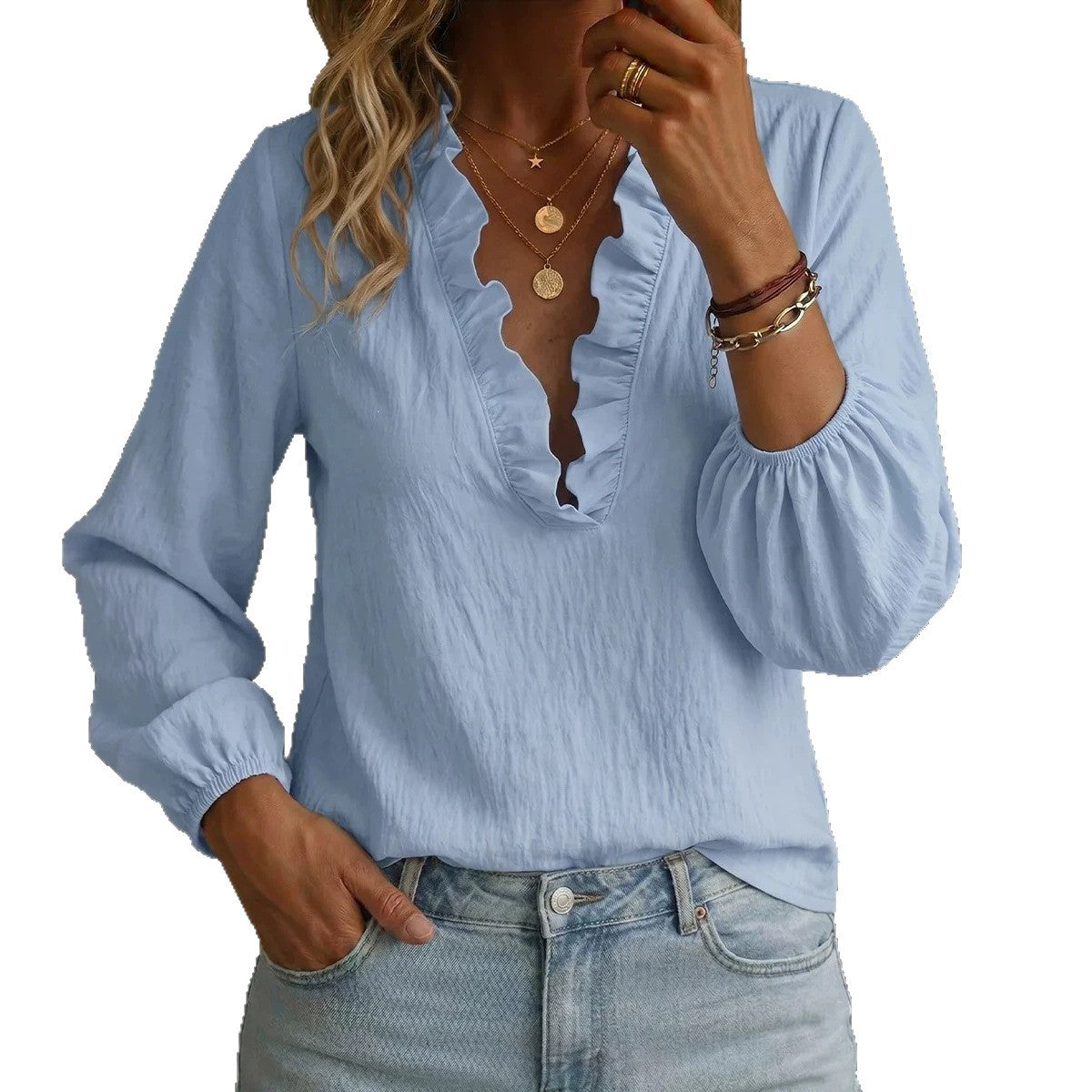 Long-sleeve Ruffled Blouse Loose-fit Fashionable And Casual For Women