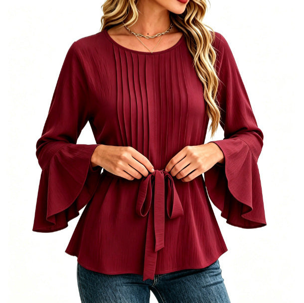 Women Solid Waffle Knit Pullover Tops Cowl Neck Asymmetric Button Decor Long Sleeve Loose Curved Hem Casual Shirts