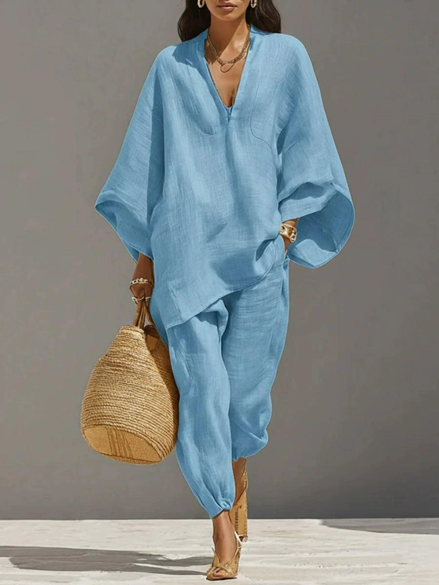 Women Casual Lazy Loose Solid Color Shirt Set