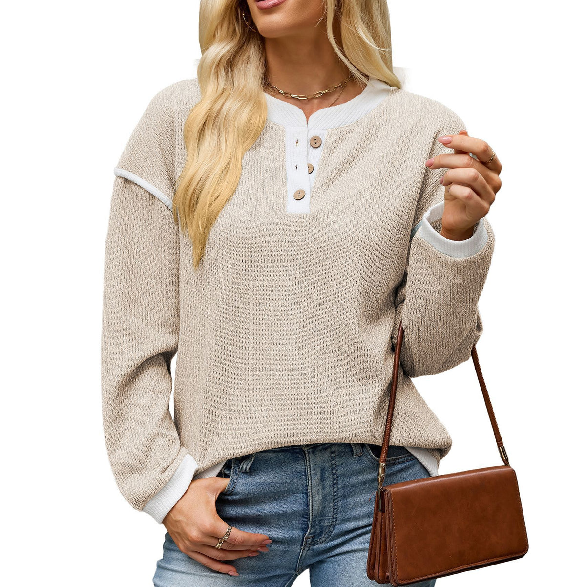 Color-block Crew-neck Button-up Loose-fit Long-sleeve T-shirt For Women