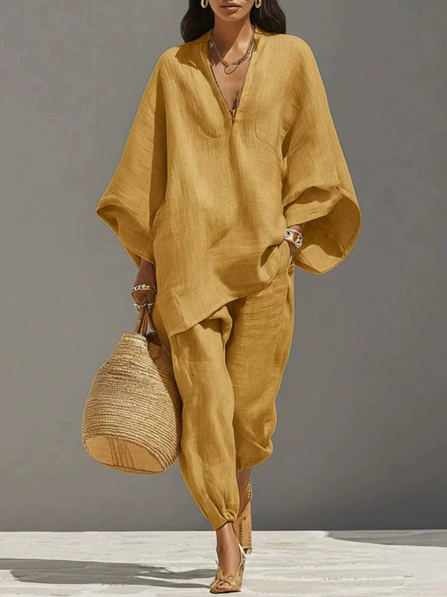 Women Casual Lazy Loose Solid Color Shirt Set