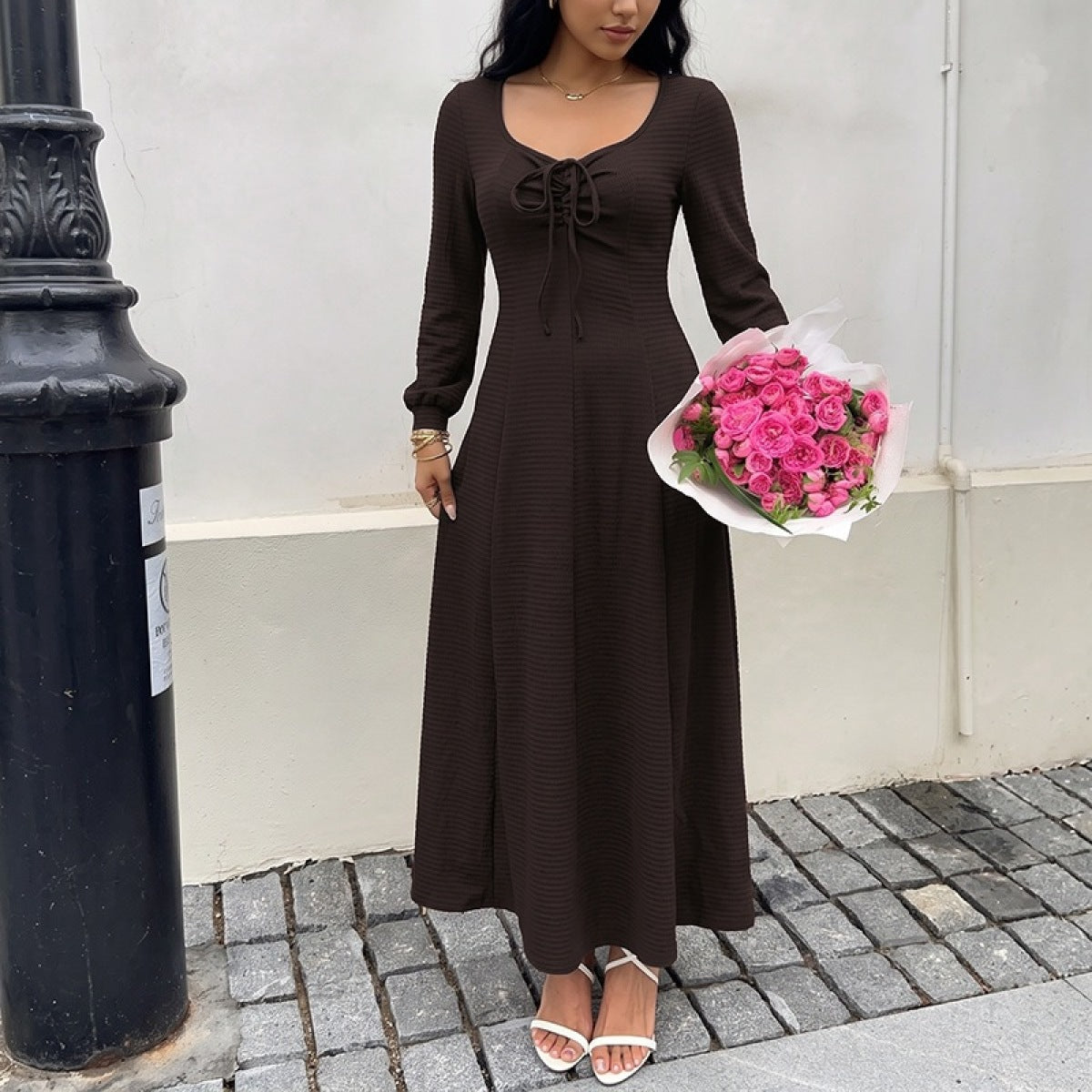 New Autumn Winter Elegant Square-neck Lace-up Dress For Women
