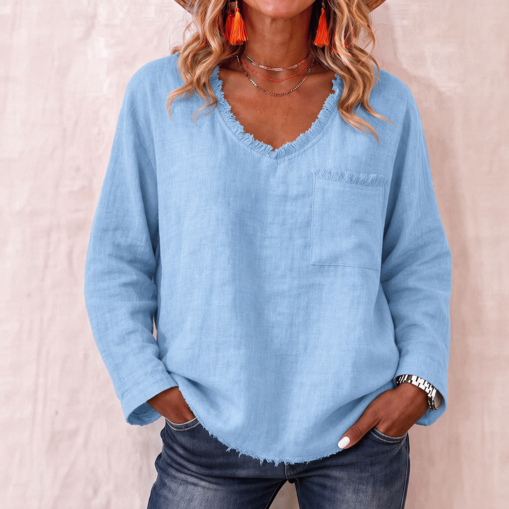 Loose-fit V-neck Long-sleeve Solid-color Casual Top For Women