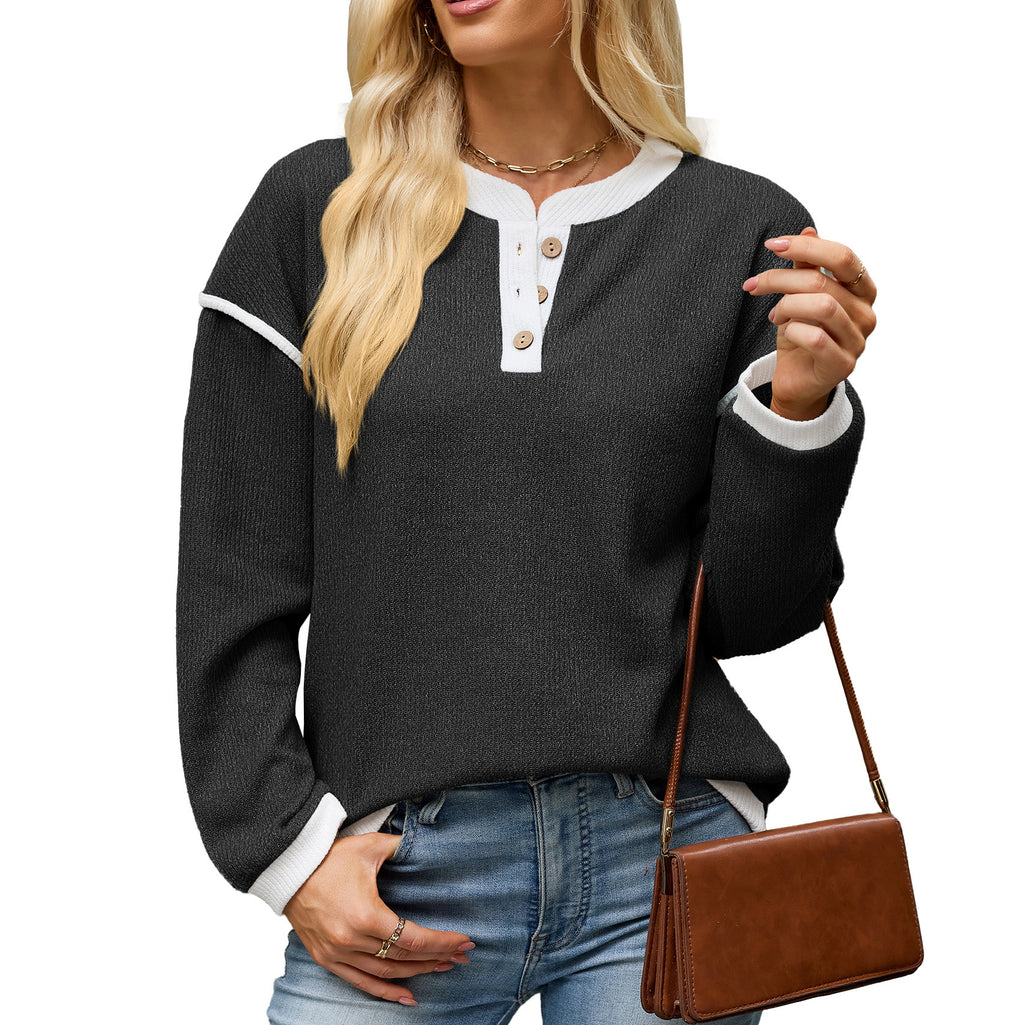Color-block Crew-neck Button-up Loose-fit Long-sleeve T-shirt For Women